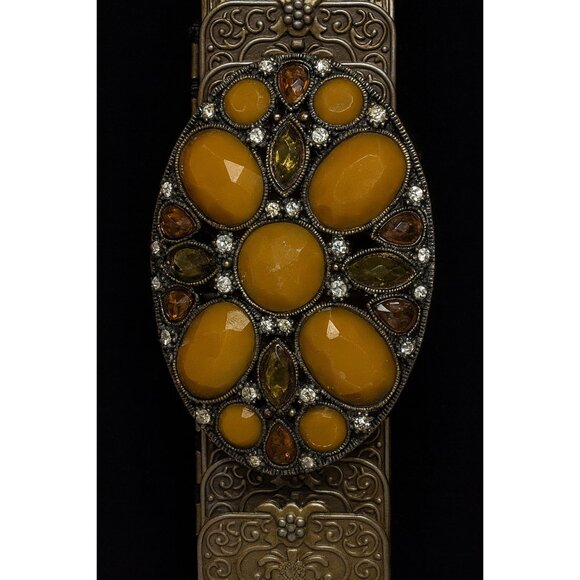 Vintage-Style Ornate Stretch Belt with Amber Cabochons - Picture 2 of 5